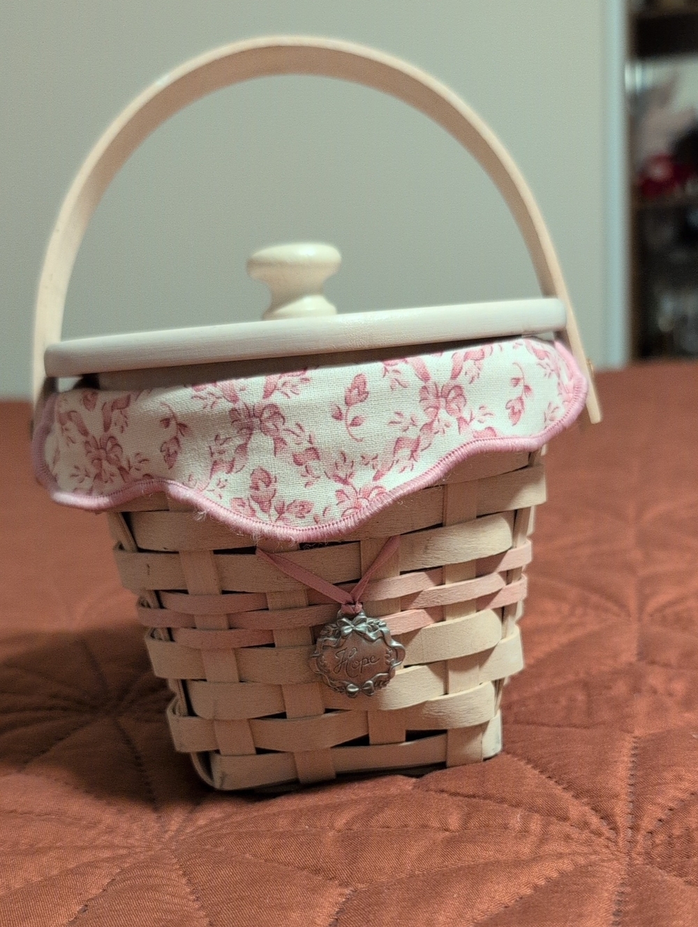 Longaberger Breast Cancer/American Canc Pink Floral Trim Woven Basket with Charm
